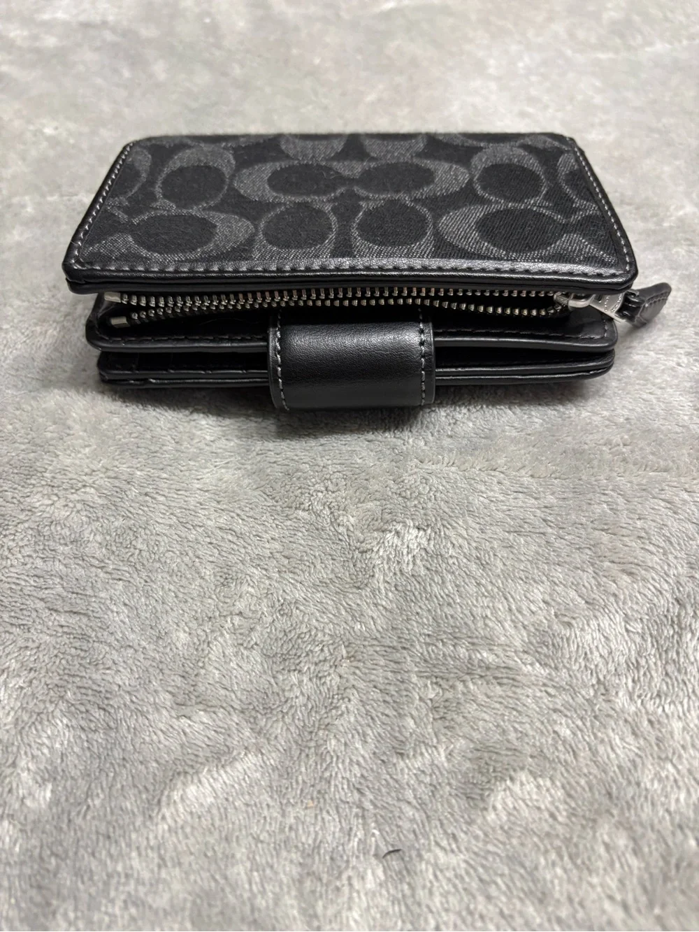 Coach Black Signature Compact Card Case with Logo Snap